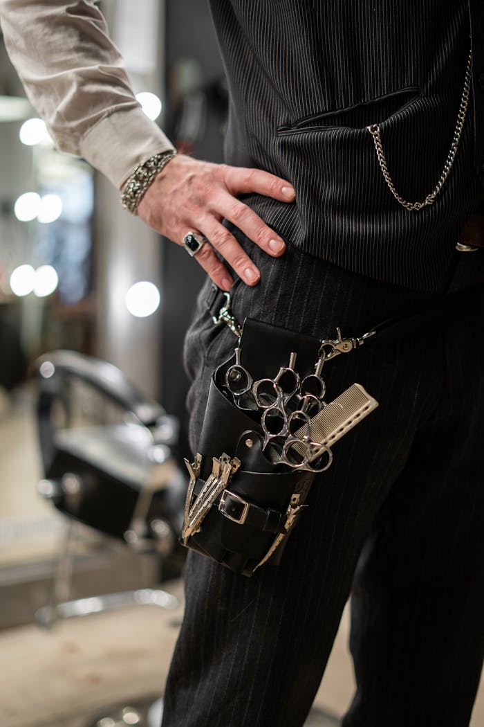 Close-up of a barbers tools in an elegant, modern barber shop.